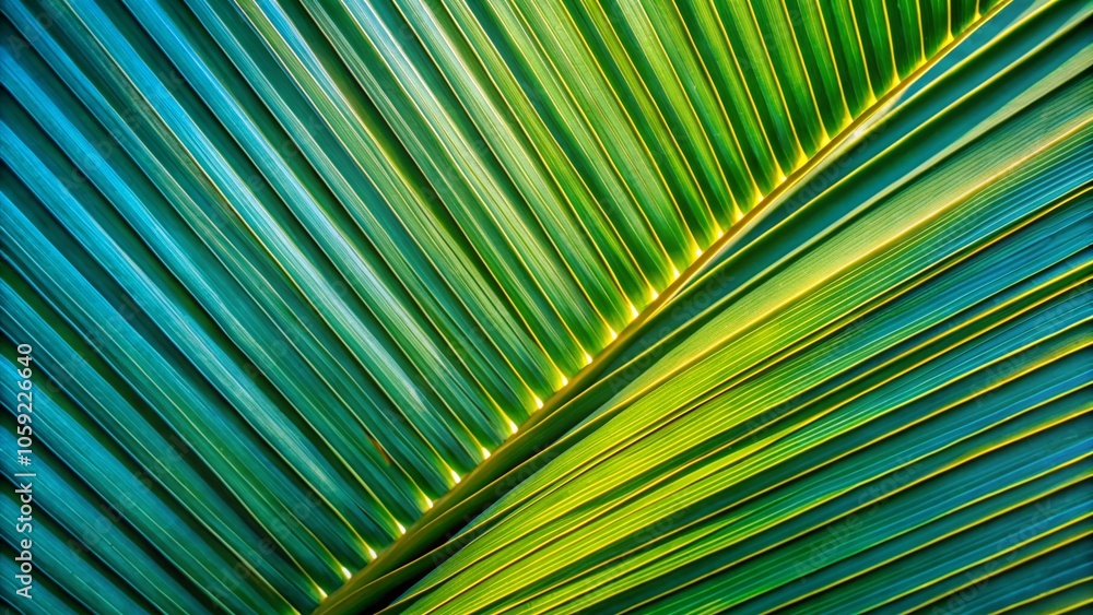 Abstract Diagonal Lines of a Palm Leaf in Vibrant Green and Blue Tones - Nature's Geometry and Textures Captured in Landscape Photography Abstract Diagonal Lines of a Palm Leaf in Vibrant Green and Blue Tones - Nature's Geometry and Textures Captured in Landscape Photography