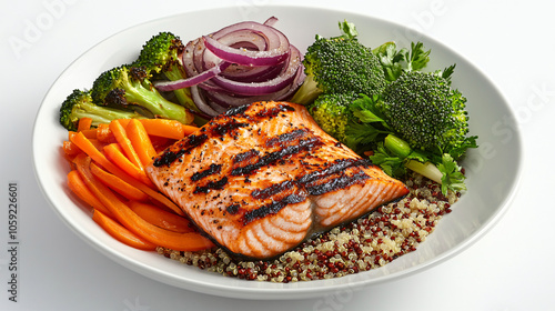 delicious grilled salmon with quinoa and vegetables bowl