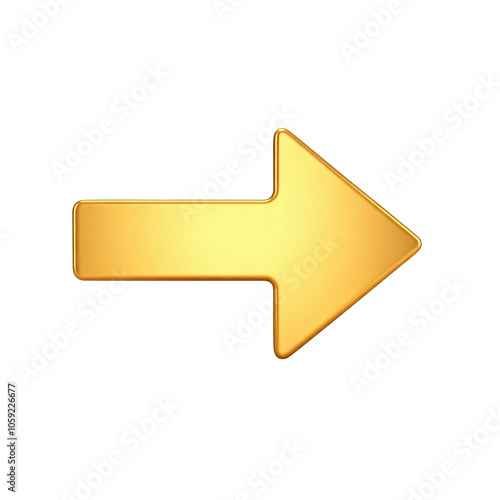 gold metallic rightward arrow icon isolated on transparent background, sleek luxury navigation, direction guidance symbol. golden Modern 3d 
