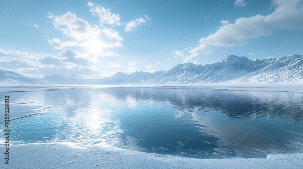 Obraz premium Snowy Mountains and Glaciers: A Winter Wonderland with Ice Lakes and Vehicles for Advertising Backgrounds