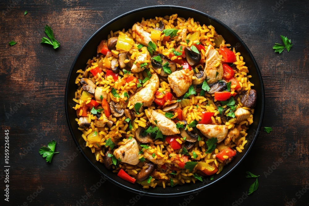 Close up flat lay of chicken paella with arborio rice chicken mushrooms bell pepper and spices on a skillet atop a dark wood table Close up flat lay of chicken paella with arborio rice chicken mushrooms bell pepper and spices on a skillet atop a dark wood table