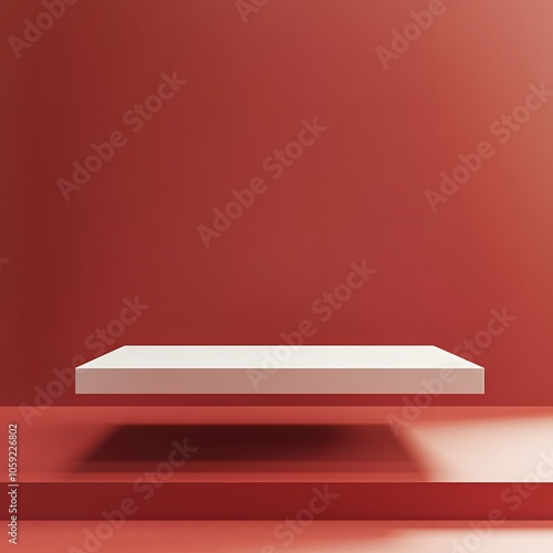  A 3D podium white rectangular table is balanced on the edge of an angled red platform, in a minimalist style, with a solid color background, studio lighting, soft light, delicate texture, high satura