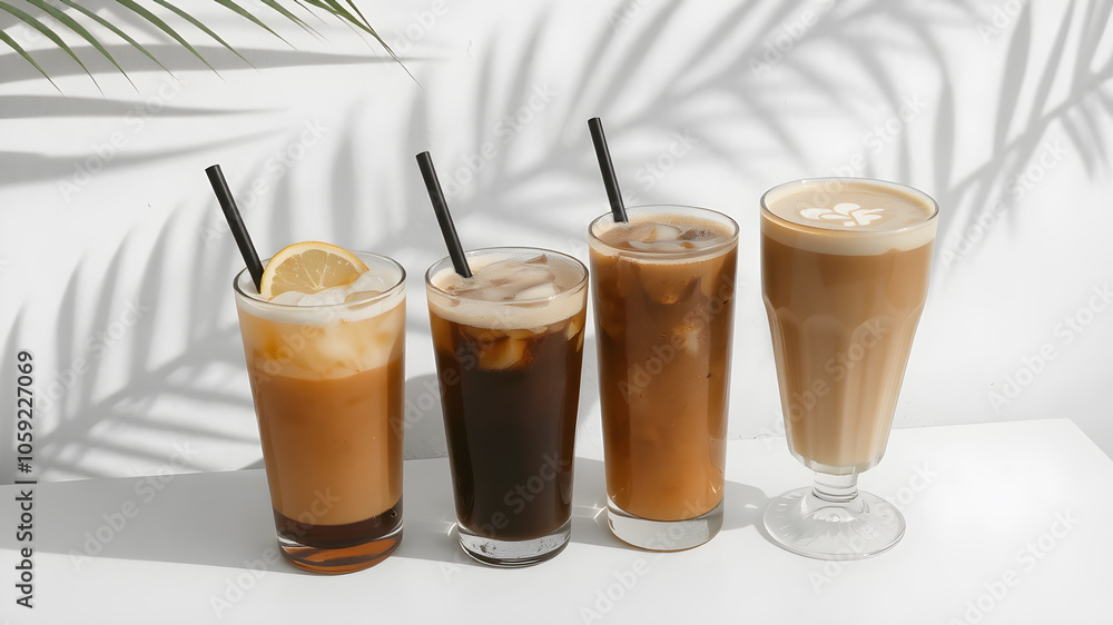 Assorted iced coffee on white concrete background with palm shadows. Summer composition for coffee menu. Assorted iced coffee on white concrete background with palm shadows. Summer composition for coffee menu.