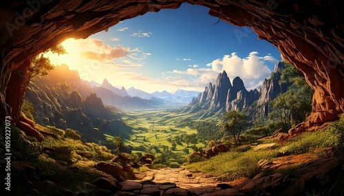 Craft a breathtaking fantasy landscape visible from the cave entrance, featuring majestic mountains.