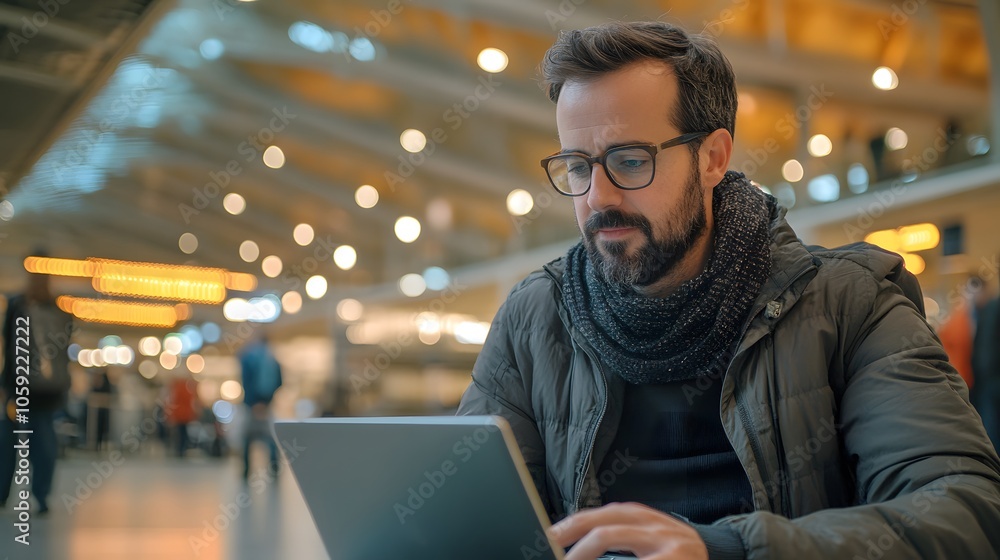 Obraz premium Solo traveler in an airport using a virtual assistant to manage travel documents, creating a smooth journey