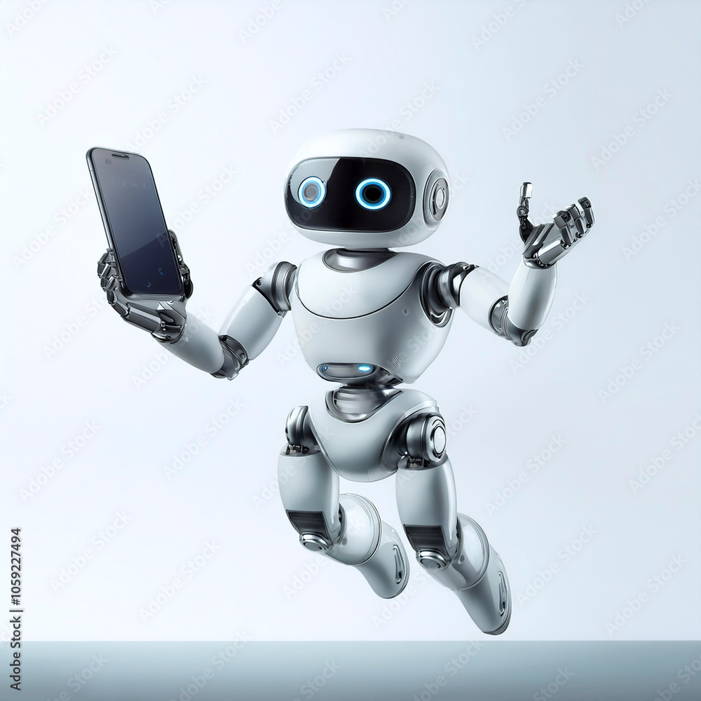 AI robot holding smartphone floating or flying isolated white background AI robot holding smartphone floating or flying isolated white background