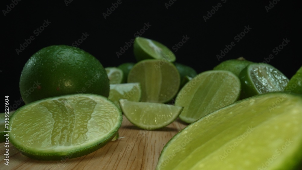 Close-up, a vibrant slice of fresh lime rests upon a rustic wooden cutting board, exuding freshness and vitality. The translucent membranes of the green lime slice placed on cutting board. Comestible. Close-up, a vibrant slice of fresh lime rests upon a rustic wooden cutting board, exuding freshness and vitality. The translucent membranes of the green lime slice placed on cutting board. Comestible.