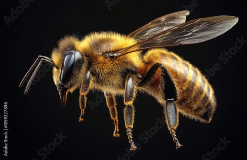 Close-up view of a bee showcasing intricate details of its wings and body str...
