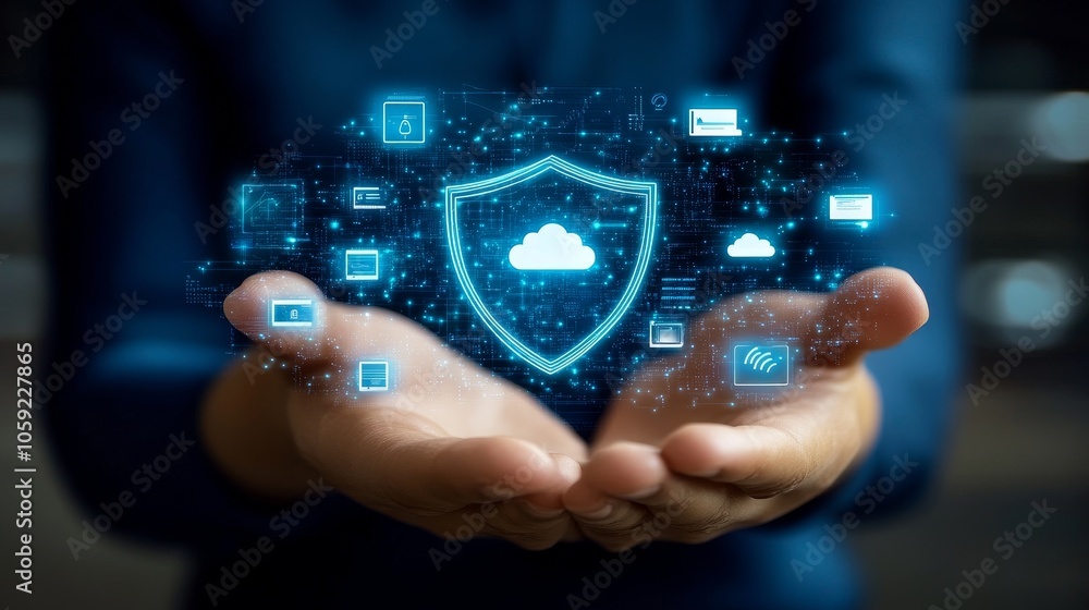 Innovative High-Tech Shield Icon Floating Above a Hand Surrounded by Digital Elements for Enhanced Security and Protection