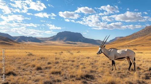 Two oryx grazing in a vast desert landscape under clear blue skies