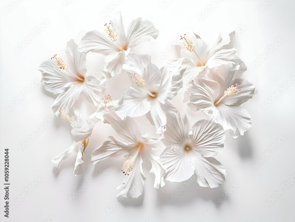 Fototapeta premium A collection of white hibiscus flowers arranged aesthetically on a light background.