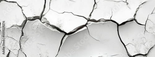 Cracked surface revealing texture and patterns on a dry, white wall in bright...