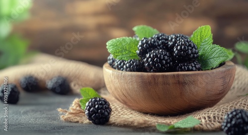 Fresh blackberries in a wooden bowl with mint leaves on a rustic table