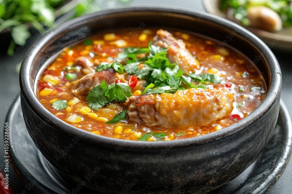 Close up of chicken corn soup in a bowl horizontal Close up of chicken corn soup in a bowl horizontal