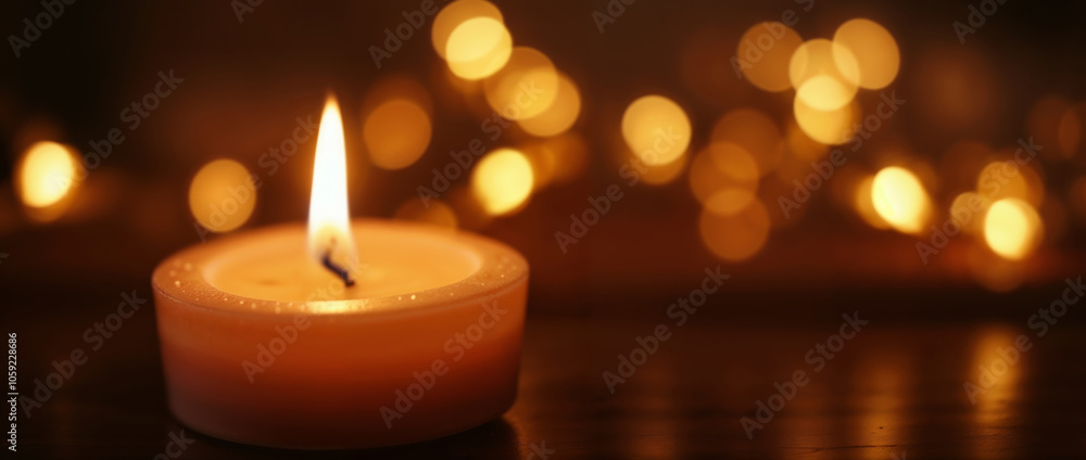 Lit candle with bokeh lights in the background Lit candle with bokeh lights in the background