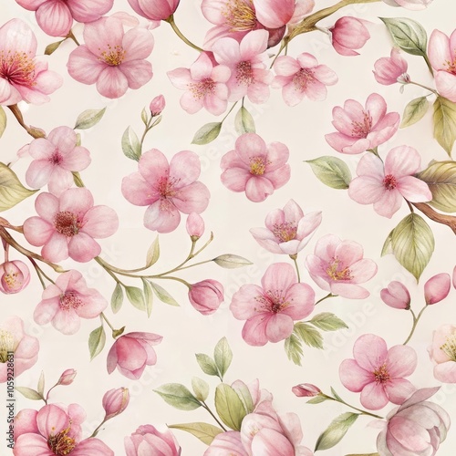 Elegant pink blossoms and green leaves on cream background