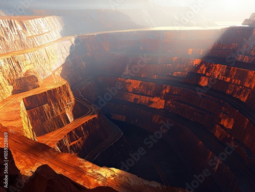 Exploring the Majestic Depths of an Expansive Open-Pit Mine at Sunrise