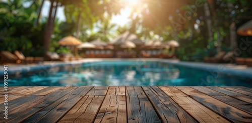 Wooden Deck Overlooking Pool With Tropical Lush Greenery