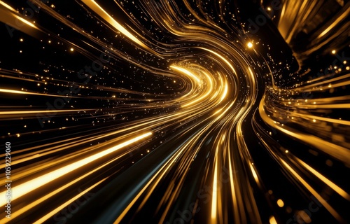Illuminated tunnel showcasing bright streaks of light flowing through a curve...