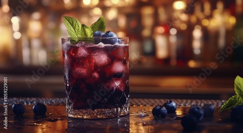 Refreshing blueberry cocktail served in a glass with mint garnish at a cozy b...
