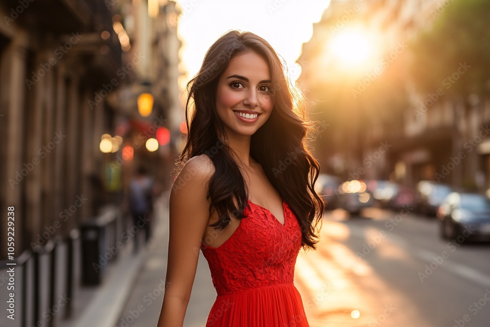 A young Spanish woman with long dark hair, wearing a red dress, walking through the streets of Barcelona at sunset 1 A young Spanish woman with long dark hair, wearing a red dress, walking through the streets of Barcelona at sunset 1