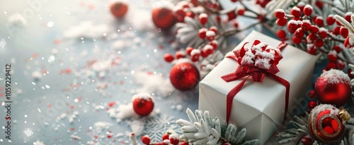 A Snowy Christmas Gift Wrapped in Red Ribbon and Surrounded by Holly