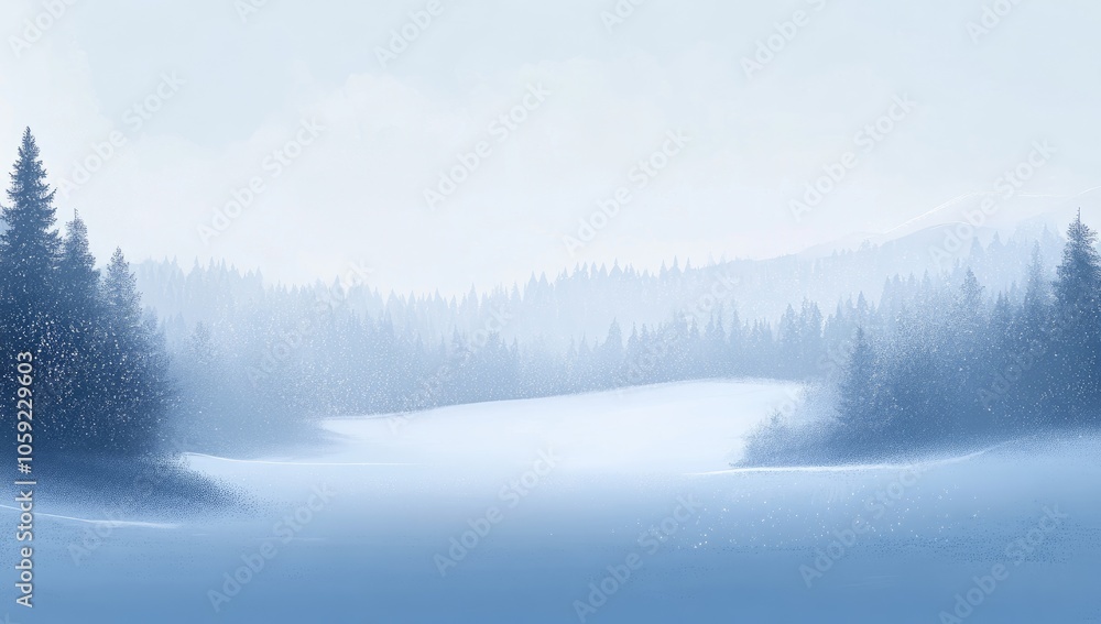 Fototapeta premium Winter Snowfall Background with Snowflakes and Blurred Snowy Landscape, Forest Horizon and Copy Space for Seasonal Designs