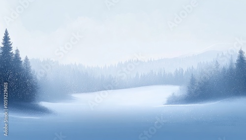 Winter Snowfall Background with Snowflakes and Blurred Snowy Landscape, Forest Horizon and Copy Space for Seasonal Designs