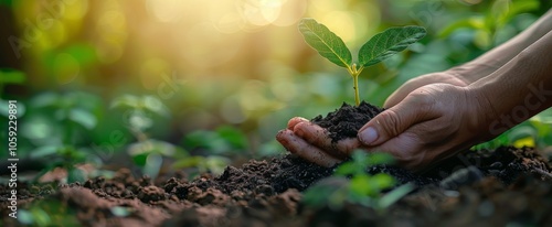 Hands Holding a Young Plant With Soil in a Green Garden Setting