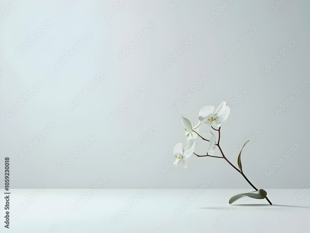 A minimalist image featuring a delicate white orchid branch on a light background. A minimalist image featuring a delicate white orchid branch on a light background.