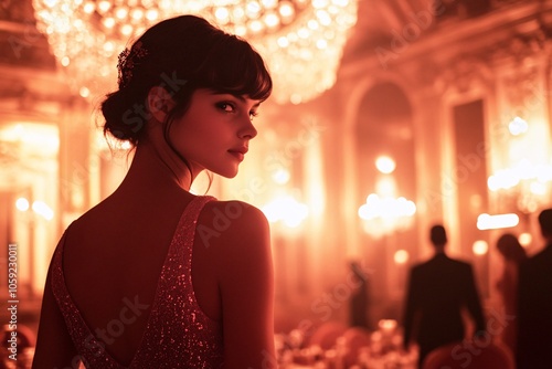 A young French woman in a cocktail dress, attending a soirée in a grand Parisian ballroom, elegant lighting 4 photo