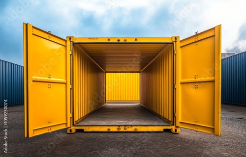 Bright yellow shipping container with wide open doors in an industrial area d...