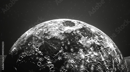 A Black And White Image of the Moons Surface With Stars in the Background