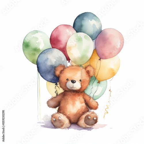 Teddy bear with a bunch of colorful ball, watercolor style, white backdrop. AI generate illustration