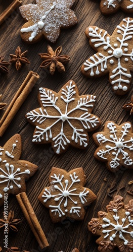 Deliciously decorated snowflake cookies arranged on a rustic wooden table