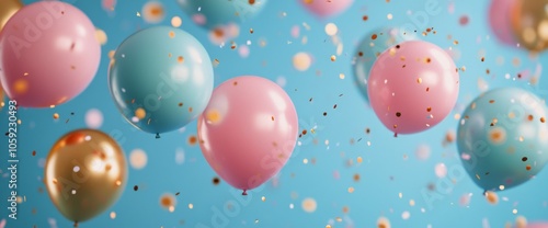 Colorful balloons and confetti filling the air at a festive celebration with ...