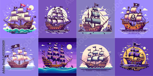 collection of pirate ship vector illustration isolated on purple background