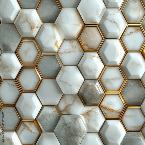 Modern geometric pattern of hexagonal tiles with metallic accents on a textur...