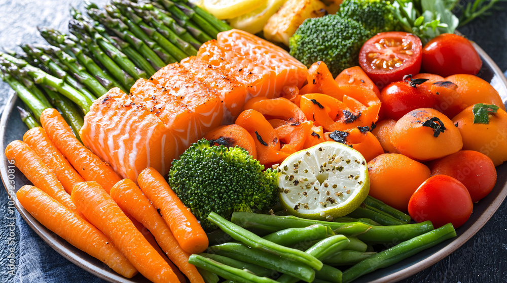 freshly grilled vegetables and salmon plate freshly grilled vegetables and salmon plate