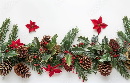 Festive Christmas Decorations With Red Poinsettia, Holly Berries, Pine Cones,...