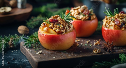 Delicious baked apples filled with nuts and spices on a dark wooden table