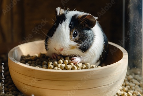 A spotted guinea pig, nibbling on pellets from a wooden bowl, indoor cage, soft artificial light 3