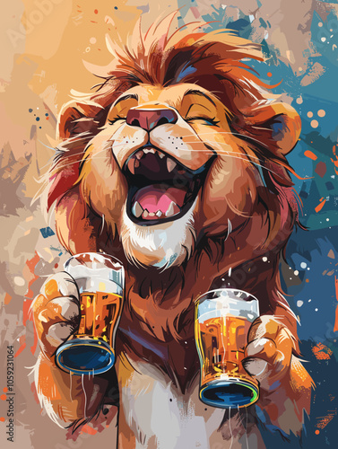 Lion is holding two glasses of beer and smiling. The painting has a fun and lighthearted mood, with the lion being the main focus of the image