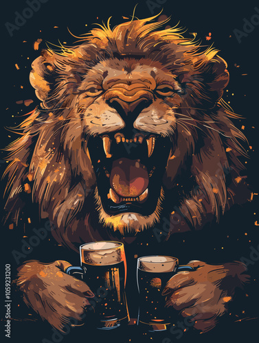 Lion is holding two beer mugs and has his mouth open. The image has a playful and humorous mood