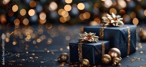 Wrapped Gifts With Gold Bows and Ornaments on a Wooden Table