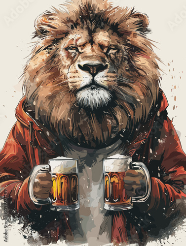 Lion is holding two beer mugs in his hands. The lion is wearing a red jacket and he is enjoying a drink