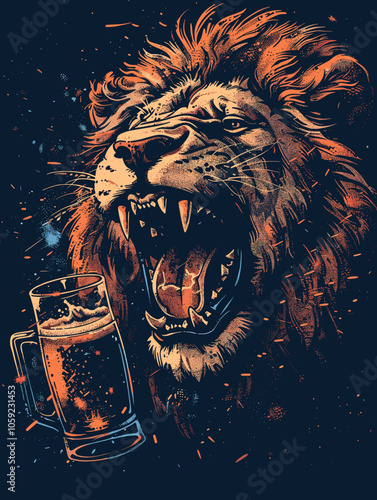 Lion is shown with a glass of beer in its mouth. The lion is in a state of drunkenness, and the beer glass is almost empty. Concept of humor and lightheartedness