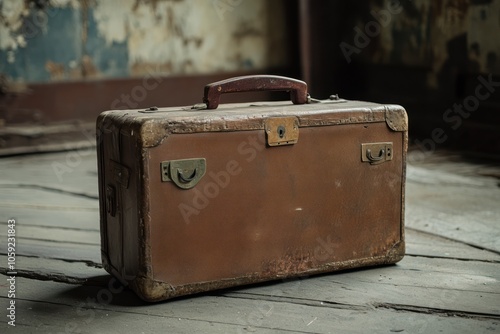 Worn Leather Suitcase on Weathered Wooden Floor photo