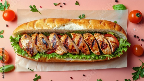 Grilled chicken sandwich with lettuce and tomato on yellow background