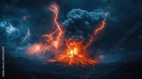 Dramatic Eruption of a Volcano with Lightning Strikes and Smoke